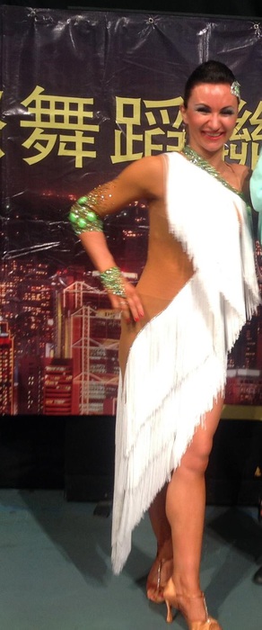 Танцевальный костюм: женское платье латина рост 162-166  (Белое с зелёным) р.XS-S